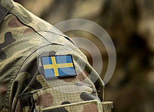 Flag of Sweden on military uniform. Army, troops, soldiers. Collage