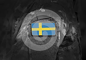 Flag of Sweden on military uniform. Army, troops, soldiers. Collage