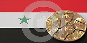 Flag of Syria and broken bitcoin. Cryptocurrency ban or crypto legal issues concepts, 3d rendering