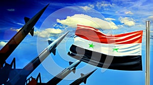 Flag of Syria and Nuclear missiles on sky background.