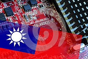 Flag of Taiwan on  microchips of a electronic printed board. Taiwan manufacturing chip industry emerges as battlefront in U.S. -