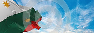 flag of Three Guarantees , Mexico at cloudy sky background on sunset, panoramic view. Mexican travel and patriot concept. copy