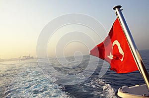 Flag of Turkey on a boat in Bosphorus strait