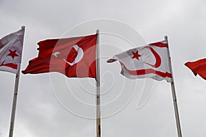 flag of Turkey and Northern Cyprus against the background of a cloudy sky in winter 3