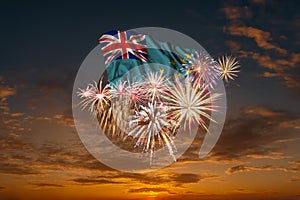 Flag of Tuvalu and Holiday fireworks in sky
