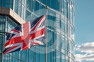 Flag of the UK waves in front of a modern glass building against a blue sky