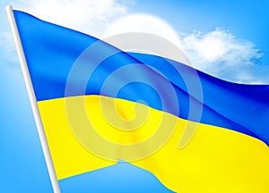 Flag of Ukraine against a clear blue sky. The symbol of patriotism of the Ukrainian nation, a blue-yellow silk banner