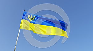 Flag of Ukraine on blue background. Blue and yellow Ukrainian flag with coat of arms. State symbols of Ukraine. Trident. The flag