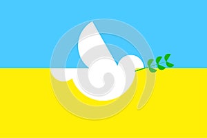 Flag ukraine dove branch in cartoon style. No war. Yellow blue. Support ukraine sign. Vector illustration. stock image.