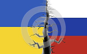 The flag of Ukraine and the flag of Russia, between them is a split of the earth in the form of an anti-tank ditch