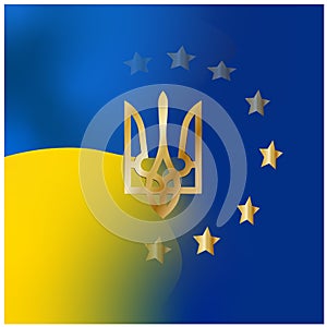 flag Ukraine and shield EU. Realistic 3d Ukrainian illustration with flag of Ukraine and shield of European Union