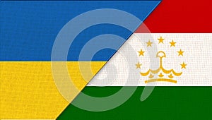 Flag of Ukraine and Tajikistan. Ukrainian and Tajik flags on fabric texture