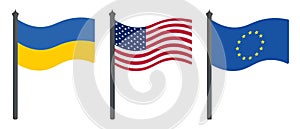 Flag of Ukraine, USA and EU. Set of color vector illustrations. Symbols of the states. Political themes. Flat style. National sign