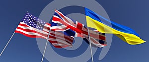 Flag of Ukraine, USA and Great Britain. Three countries flags on flagpole on blue background. State symbols. Flags fluttering in