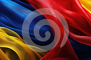 Flag of Ukraine waving in the wind. Close-up. 3D illustration. A bold mesh of primary colors with deep, wavering lines, AI