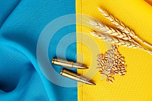 flag of Ukraine with wheat spikelets. Stop the war. Concept of food supply crisis and global food scarcity. place for text, top