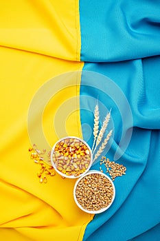 flag of Ukraine with wheat spikelets. Stop the war. Concept of food supply crisis and global food scarcity. place for text, top