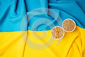 flag of Ukraine with wheat spikelets. Stop the war. Concept of food supply crisis and global food scarcity. place for text, top