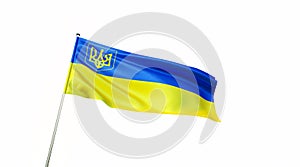 Flag of Ukraine on a white background. Blue and yellow Ukrainian flag with coat of arms. State symbols of Ukraine. Trident. The