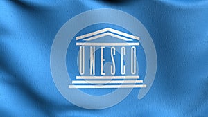 Flag of Unesco or United Nations Educational, Scientific and Cultural Organization. 3D rendering illustration of waving sign