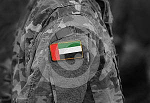Flag of United Arab Emirates UAE on soldiers arm collage photo