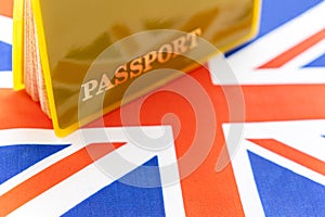 Flag of United kingdom with passport. Travel visa and citizenship concept. residence permit in the country. a yellow