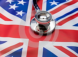 Flag united kingdom and stethoscope, public health concept