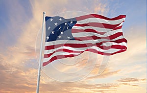 flag of United States 1777-1795 at cloudy sky background on sunset. Patriotic concept about state. Flag day. 3d illustration