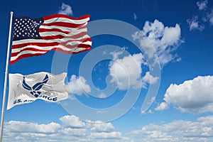 flag of United States Air Force waving in the wind. USA National defence. Copy space. 3d illustration