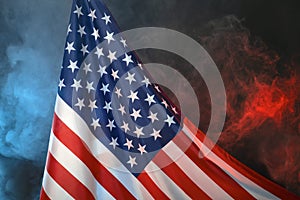 Flag of the united states of america on a background of red blue smoke, symbol