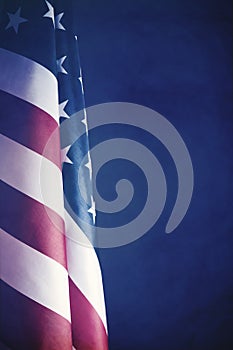 Flag United States America dark blurry background.Banner of America retro style.