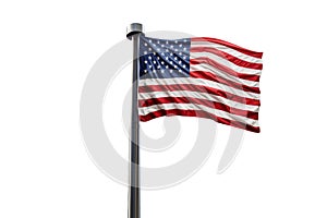 Flag of the United states of America on the flagpole isolated on white background