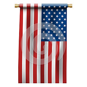 Flag of the United States of America on gold flagpole, holder. USA national vertical symbol.