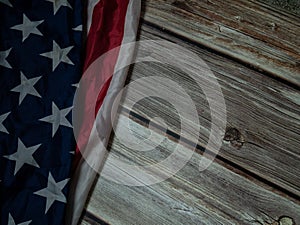 The  Flag of  United States of America  on natural wood table image for American freedom and Independence or Background with copy