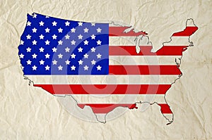 Flag of United States of America in USA map with old paper