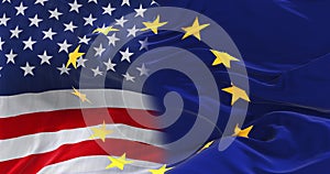 Flag of United States and European Union waving in the wind on flagpole. Close up. 3d illustration