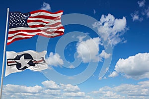 flag of United States military aircraft waving in the wind. USA National defence. Copy space. 3d illustration