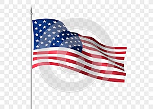 Flag of the United States waving in the wind. US flag on a metal flagpole. Wavy USA flag illustration. American flag isolated on