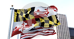 The flag of the US state of Maryland waving in the wind with the American flag blurred in the background