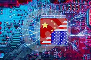 Flag USA and China on Computer CPU. Chip War Crisis, Global semiconductor technology factory fighting supply battle over chips