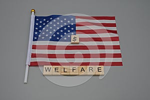 A flag of the USA, with a dollar sign in the center and a welfare inscription next to it.