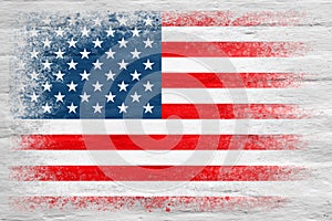 Flag of USA. Flag painted on a white plastered brick wall. Brick background. Copy space. Textured background