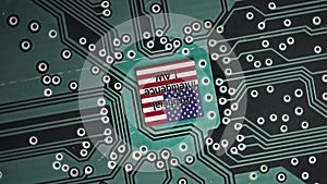 Flag of USA on a microprocessor, CPU or GPU microchip on a motherboard. AI Bill or Act