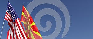 Flag of the USA and Northern Macedonia on side. Flags on a blue background. United States of America. Washington. Skopje, the