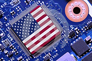 Flag of USA on a processor, CPU Central processing Unit or GPU microchip on a motherboard