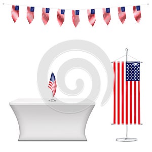 Flag of USA set. American flag pennant banner garland, floor and table US flags on metal pole stand. Realistic illustration
