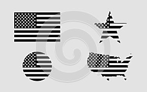 Flag usa. Star flag usa. USA map. American flag in circle. Set of american flags in flat design in black color