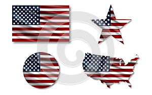 Flag usa. Star flag usa. USA map. American flag in circle. Set of american flags with shadow