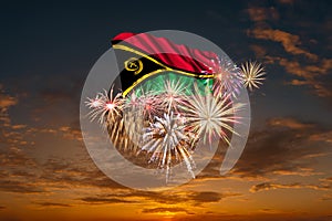 Flag of Vanuatu and Holiday fireworks in sky