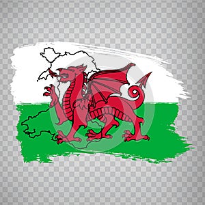Flag of   Wales from brush strokes. Blank map of   Wales. Great Britain. High quality map of   Wales and flag on transparent backg